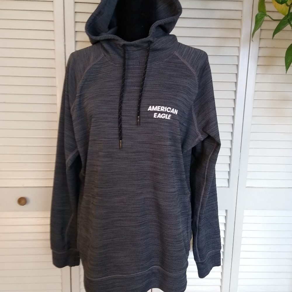 American Eagle NWOT Gray Waffle Hoodie AE Active FLEX Thermal Size L Logo